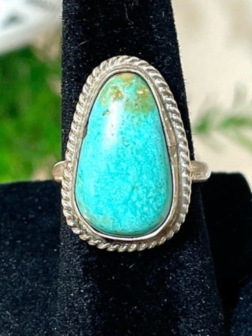 Sterling Silver Large Teardrop Shaped Genuine Turquoise Ring | Unisex | Size 5.5